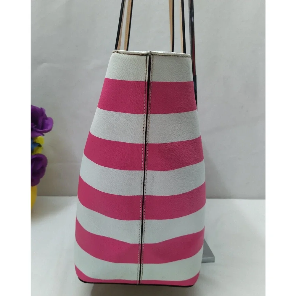 Kate Spade Pink Stripe Leather Trim Bow Double Handles Zipper Tote Shoulder Bag